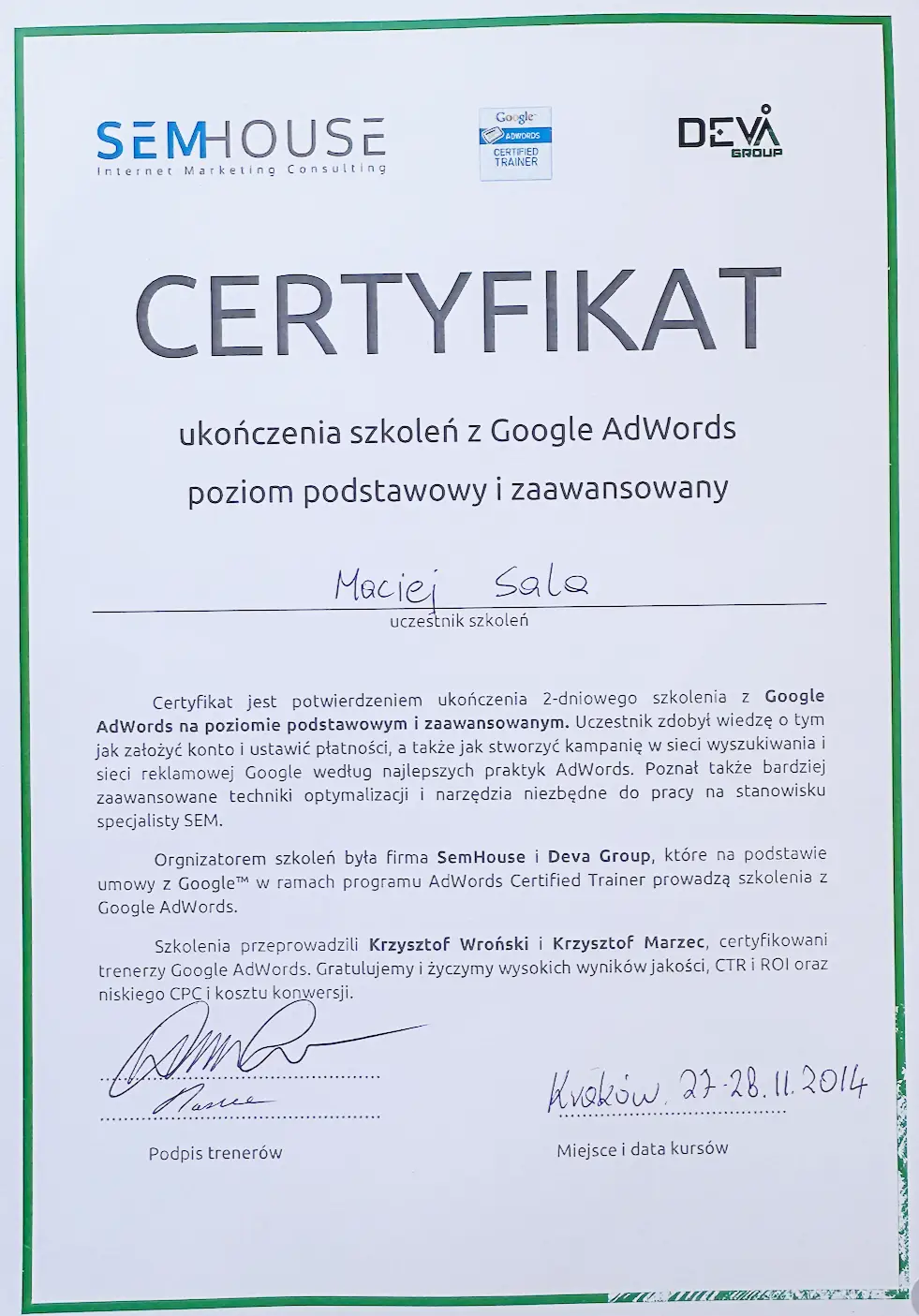 Certyfikat Google Ads — Deva Group