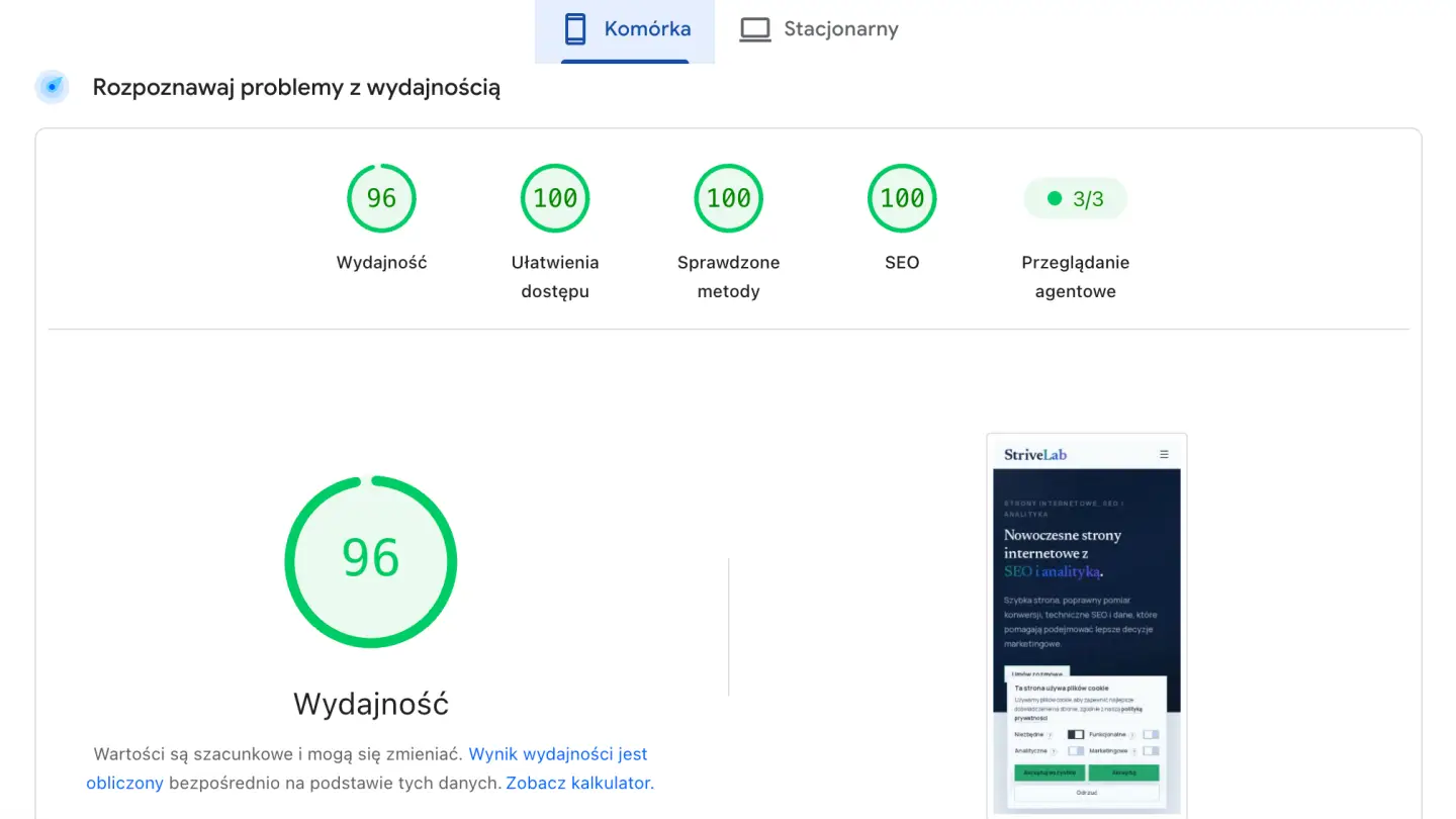 Wynik PageSpeed Insights z kategorią Agentic Browsing i audytami dla agentów AI